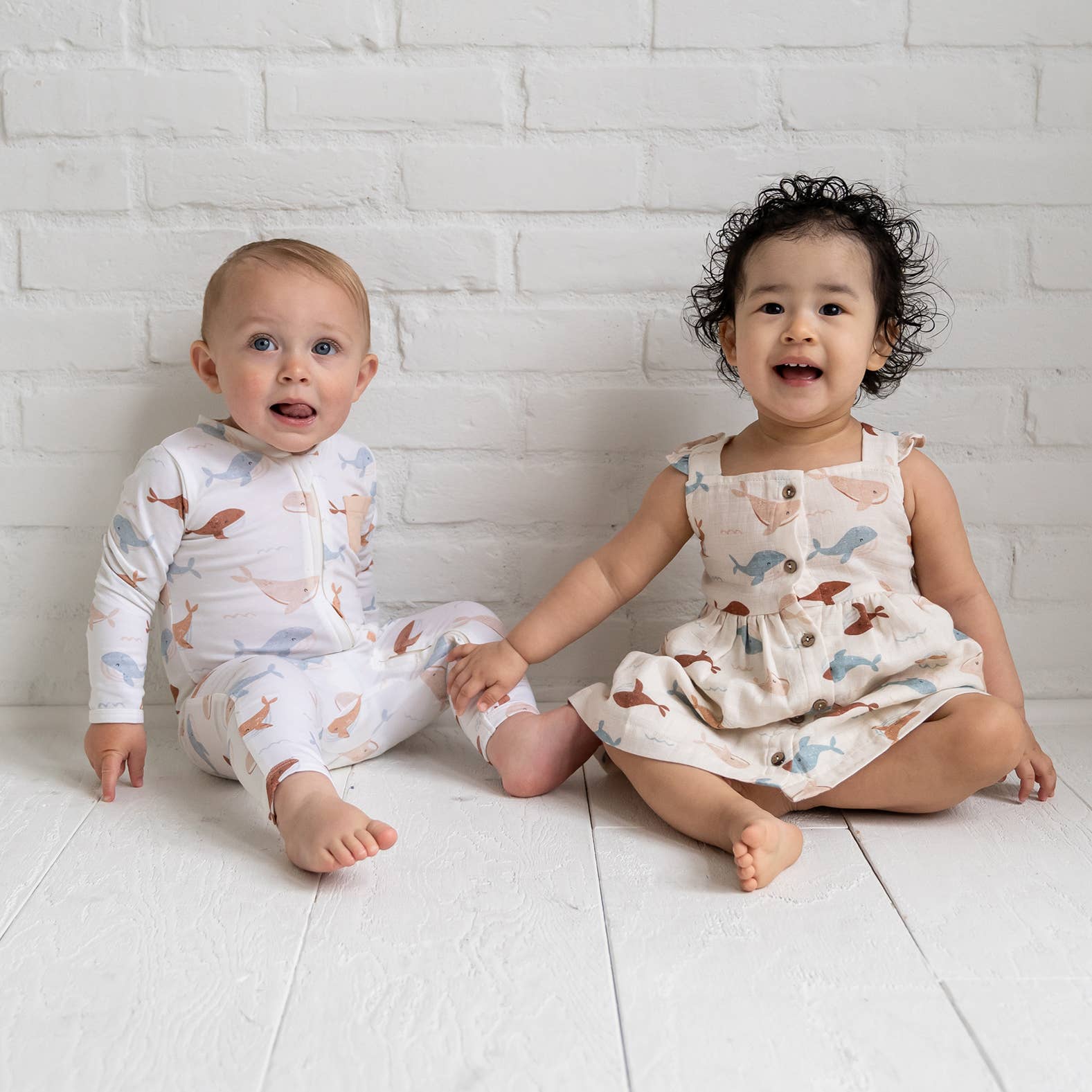 Organic Muslin Whales Ruffle & Button Dress Set