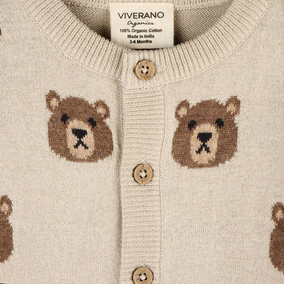 Organic Brown Bear Jacquard Baby Cardigan Sweater