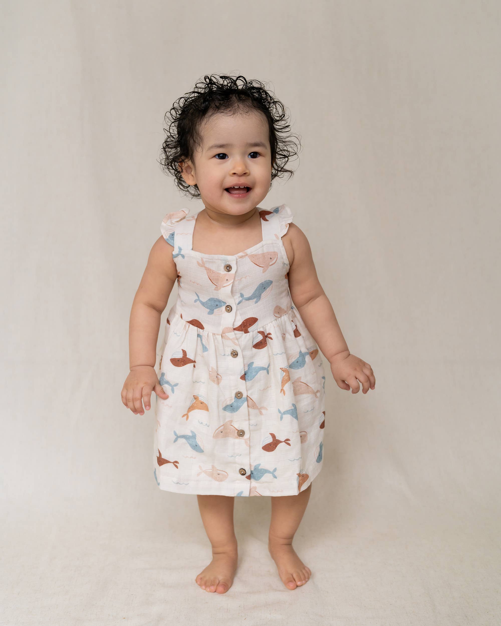 Organic Muslin Whales Ruffle & Button Dress Set