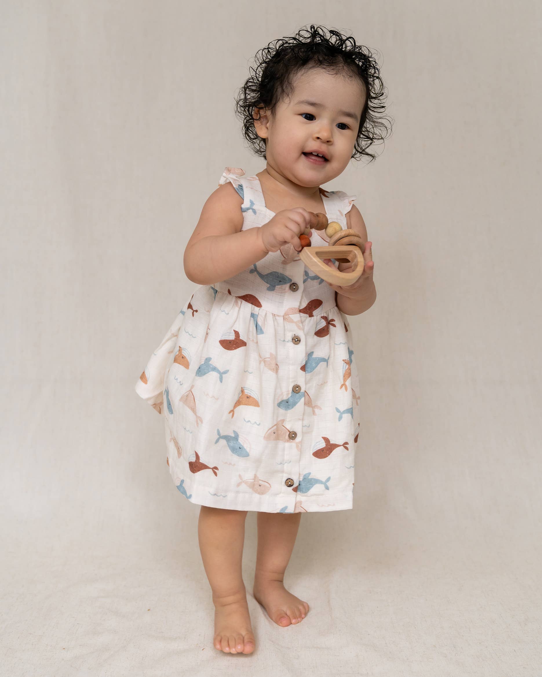 Organic Muslin Whales Ruffle & Button Dress Set