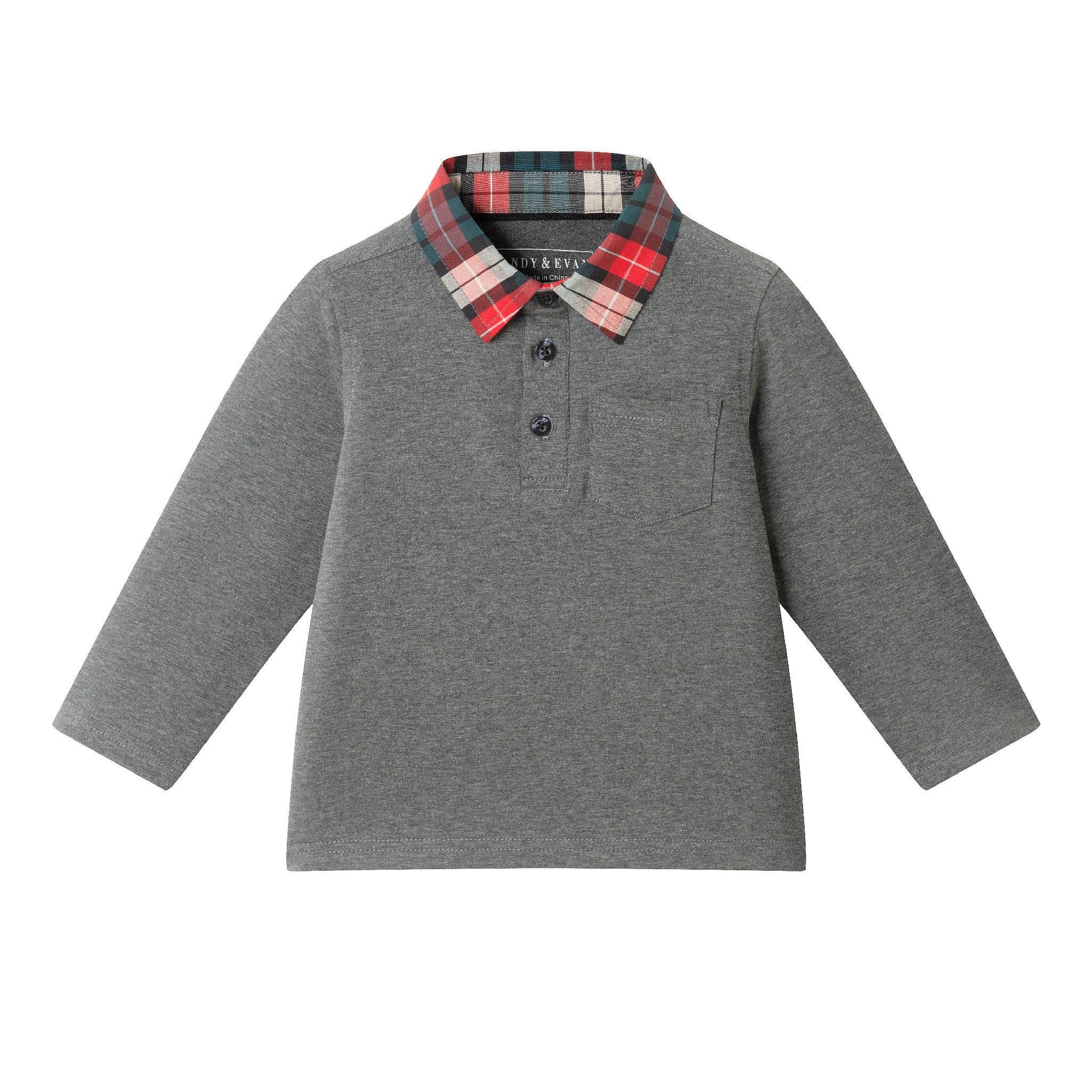 Infant Polo W/Plaid Collar & Twill Pull On Pant | Grey Polo