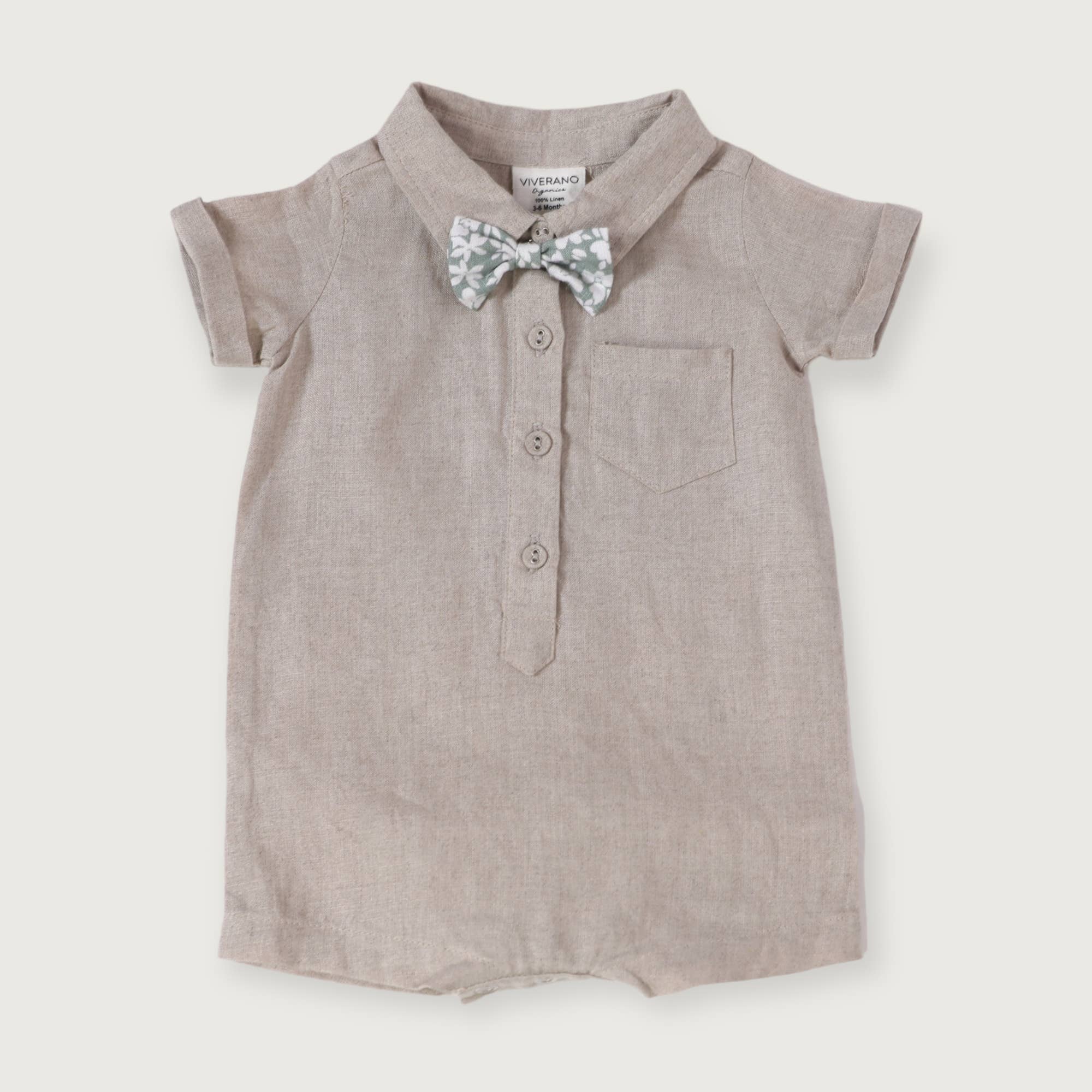 Natural Linen Noah Bowtie Linen Baby Romper