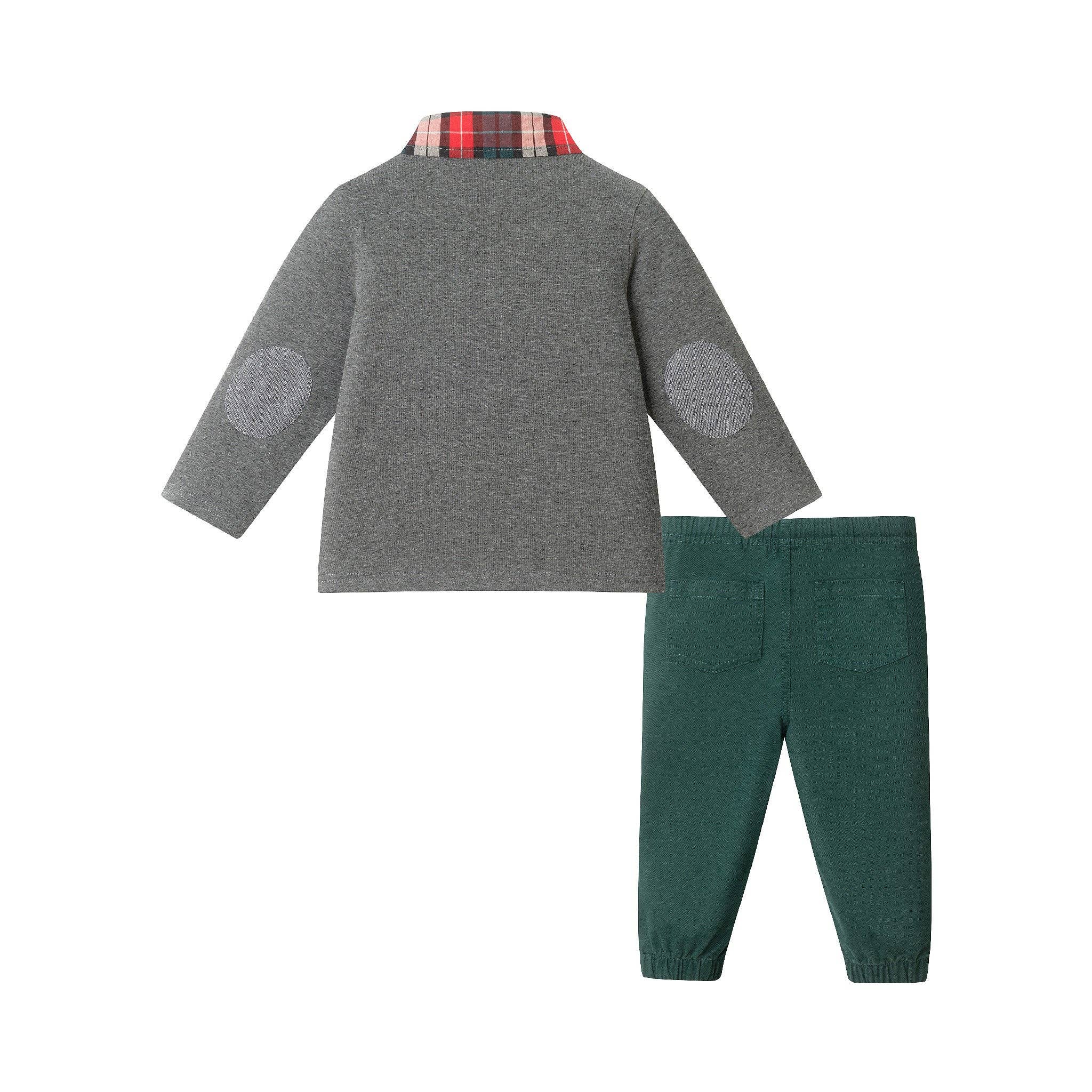 Infant Polo W/Plaid Collar & Twill Pull On Pant | Grey Polo