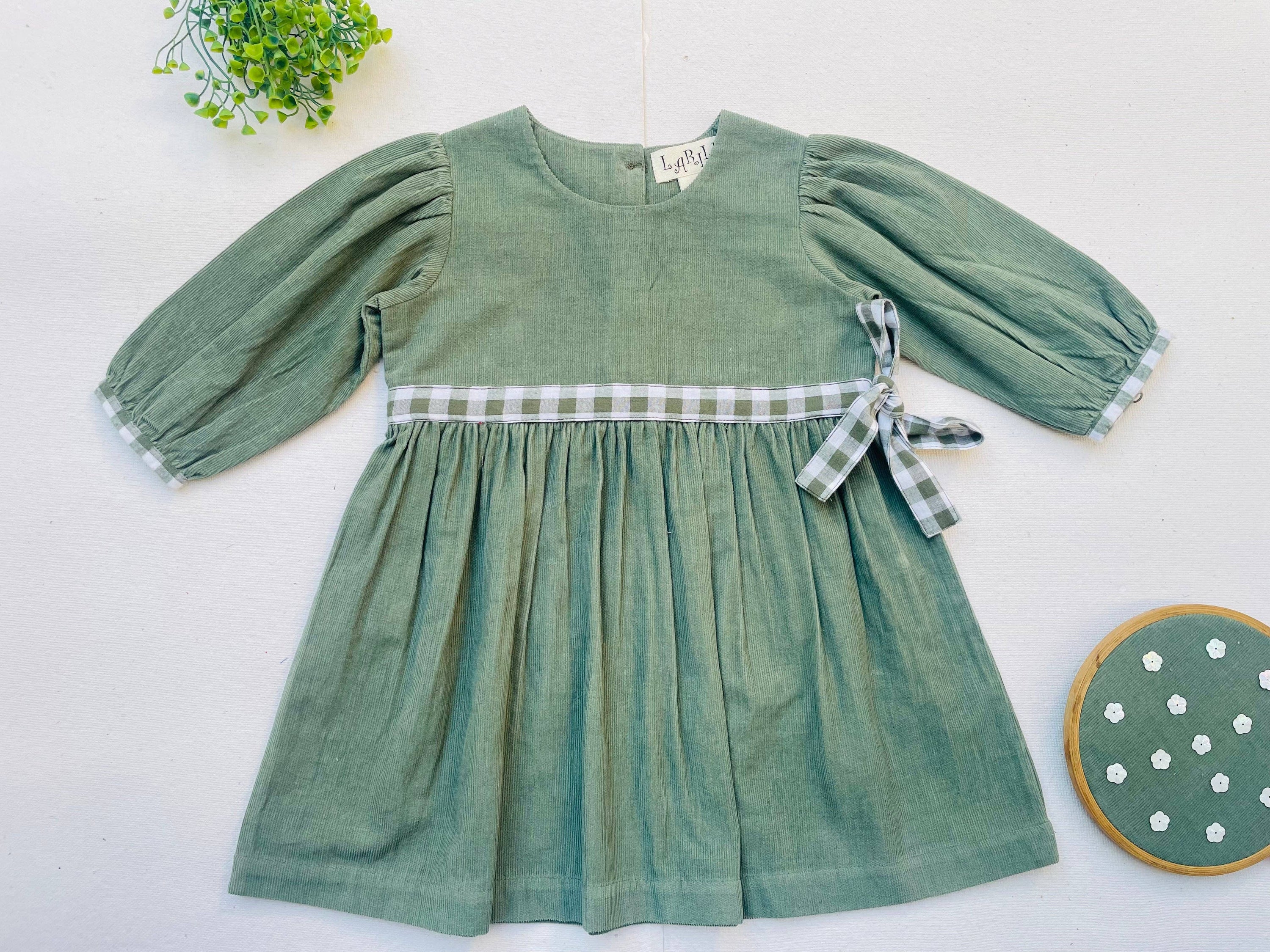Jade Green Corduroy Gingham Long Sleeve Dress