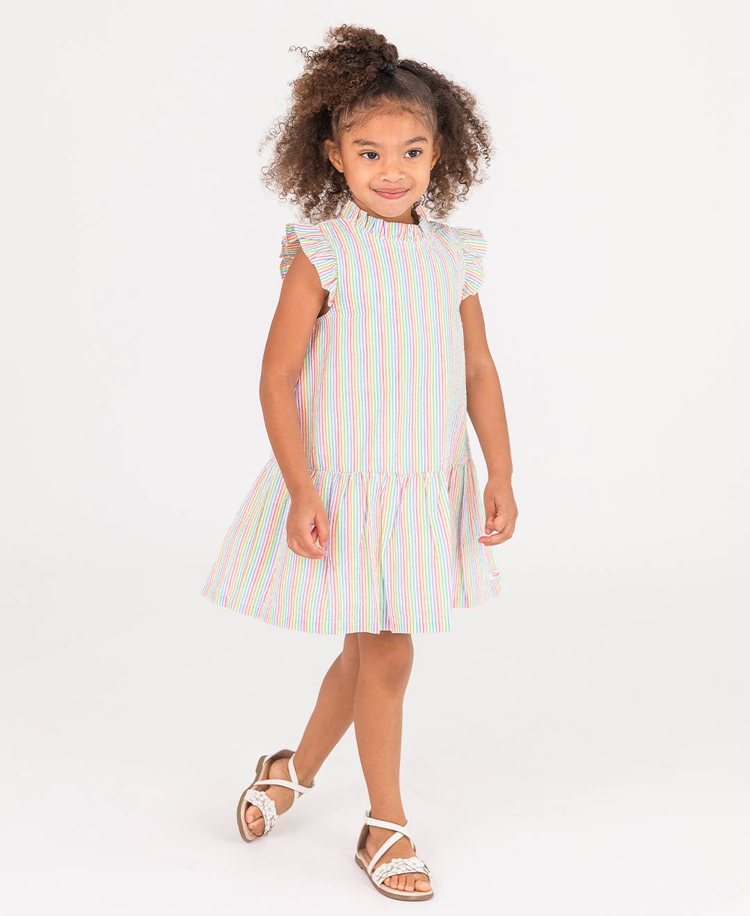 Girls Rainbow Seersucker Mock Neck Flutter Dress