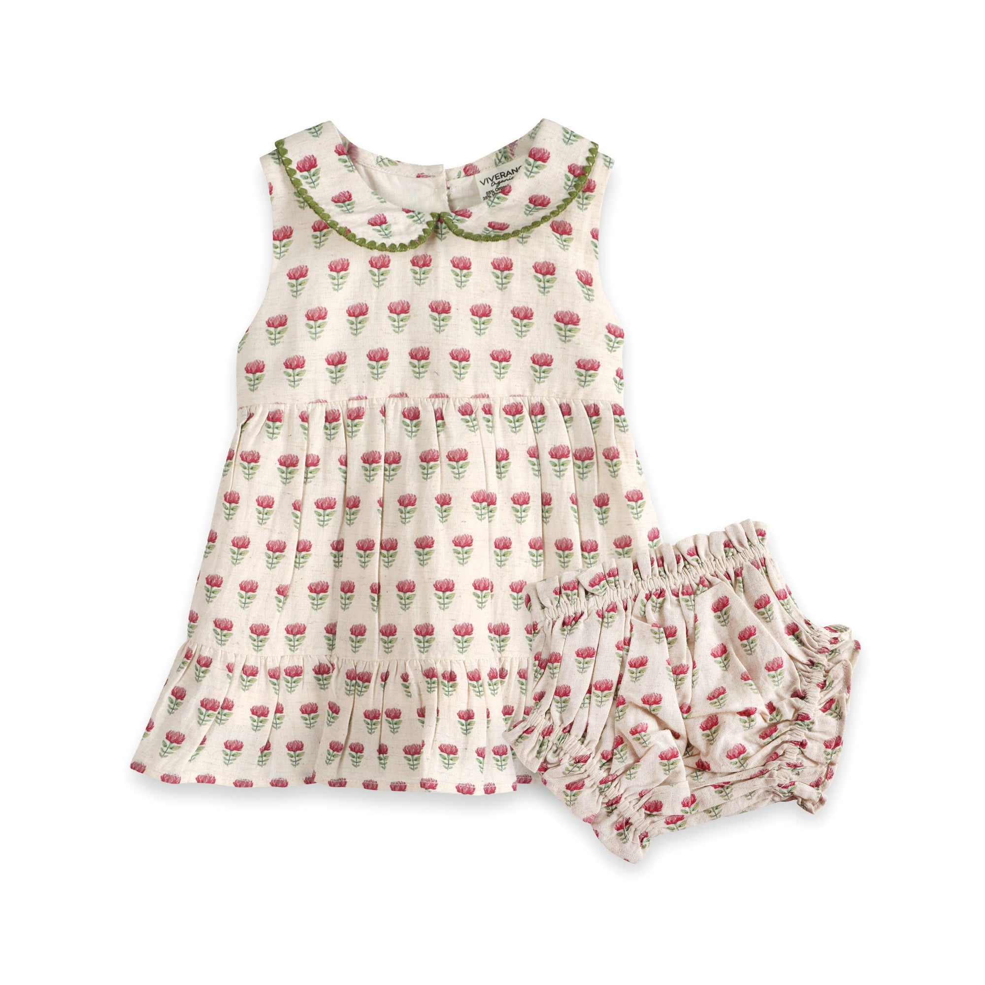 Mia Block Print Floral Baby Dress + Bloomer (Linen Blend)