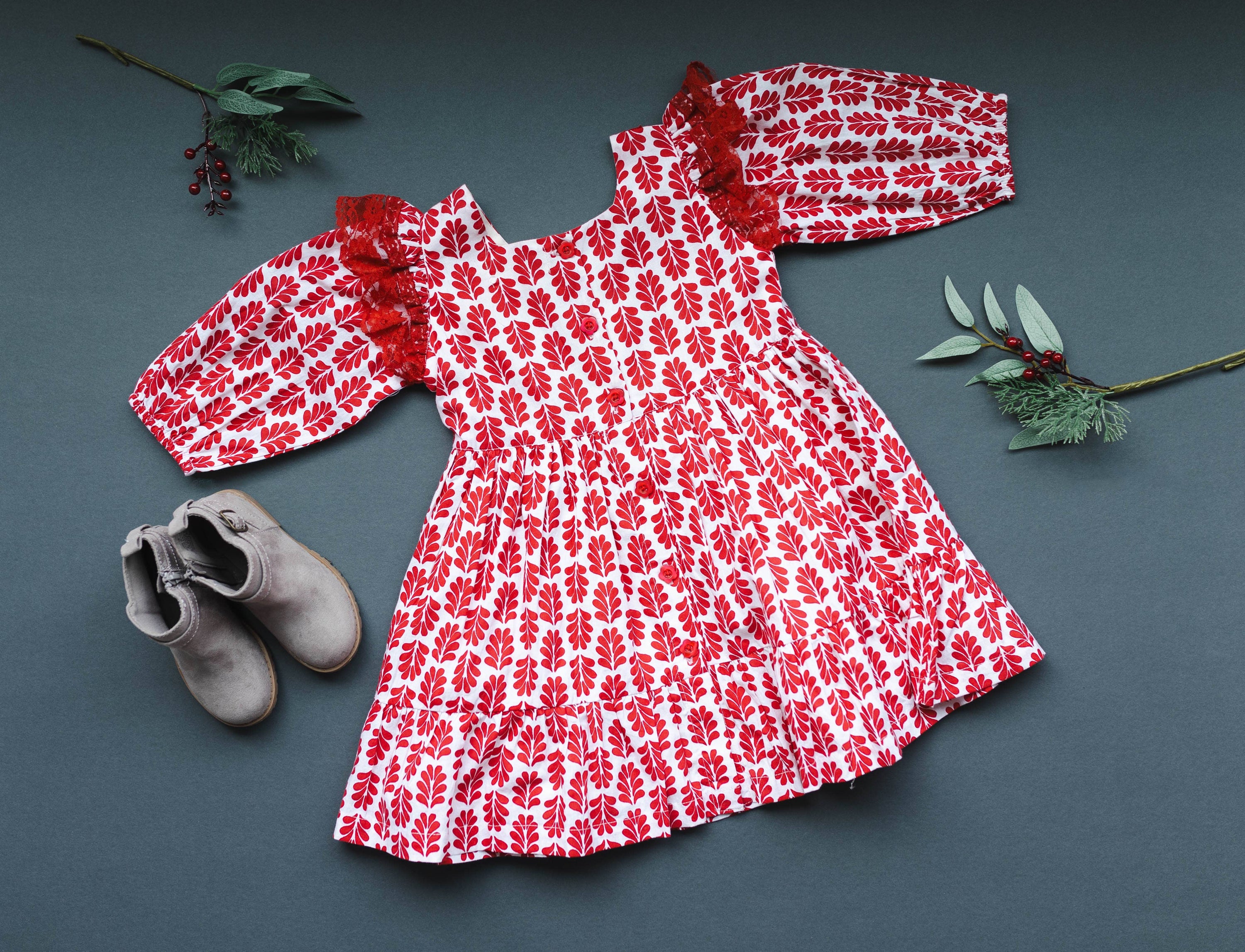 Red Floral Printed Dress with Lace Detail