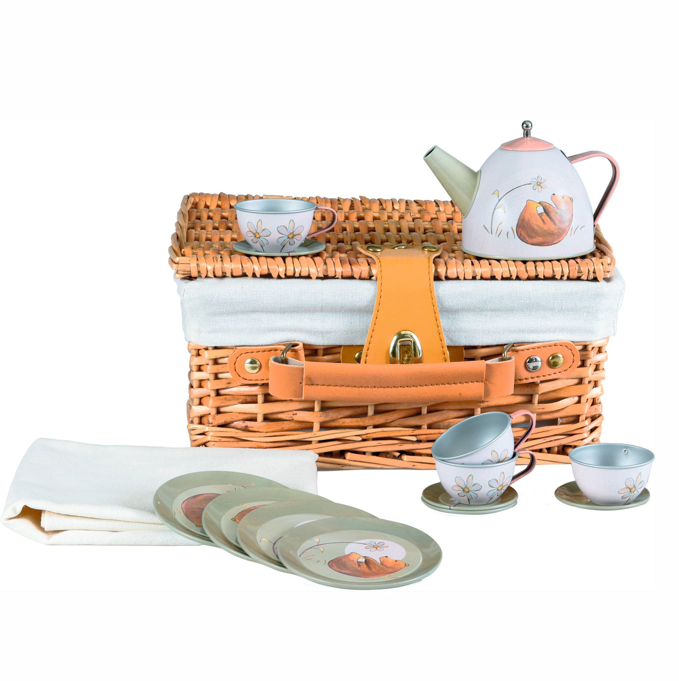 Forest Tin Tea Set In a Wicker Case