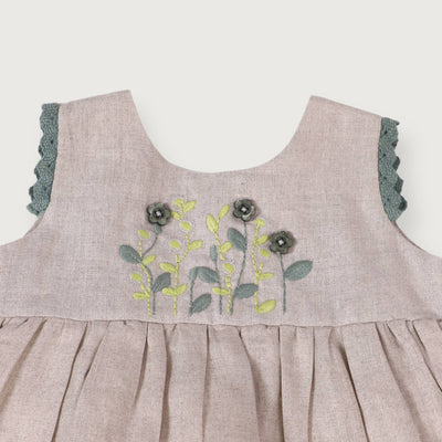 Sylvie Embroidered Linen Baby Dress+Bloomer (Organic Cotton)