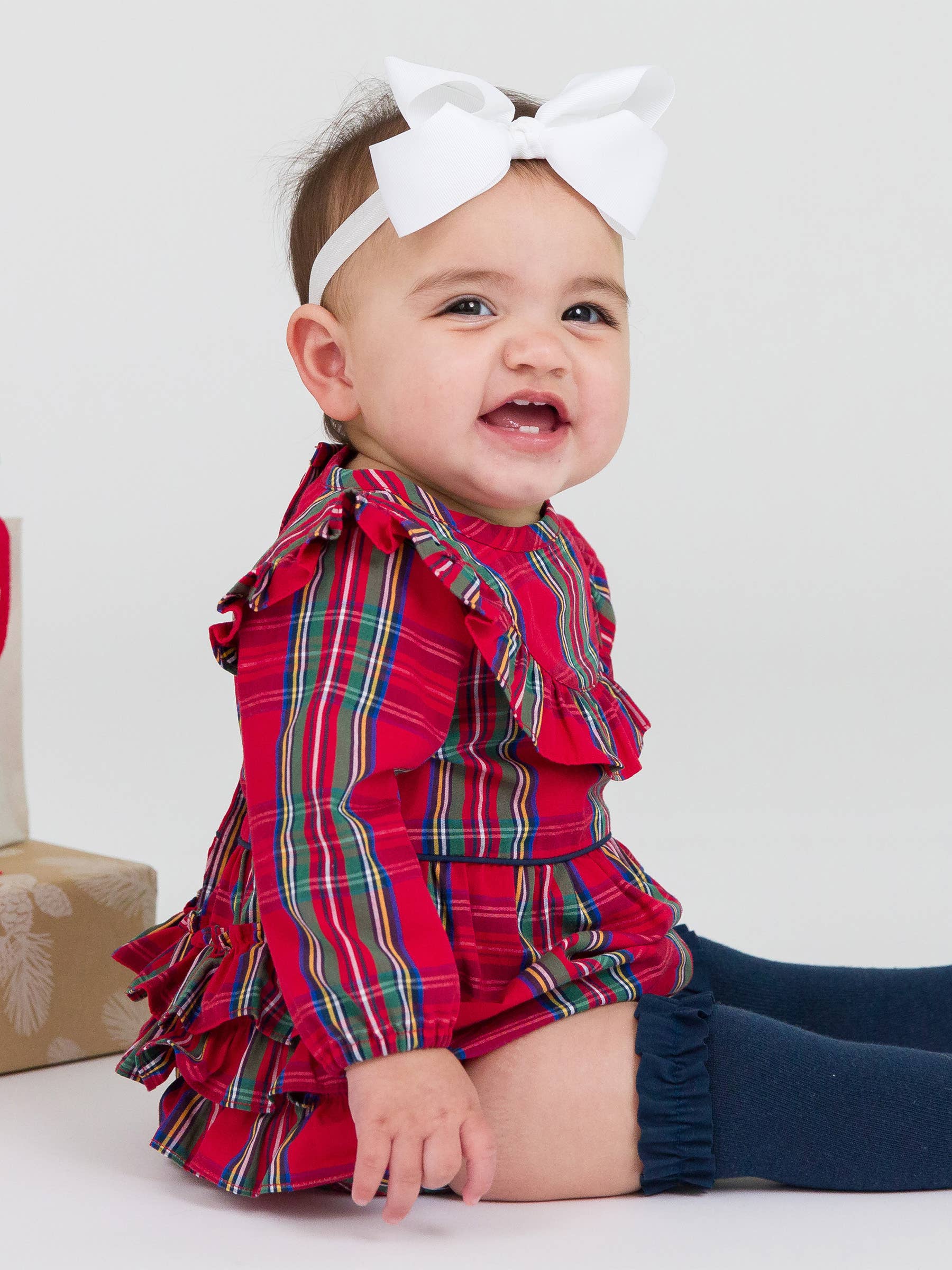 Plaid Long Sleeve Ruffle Trim Bubble Romper