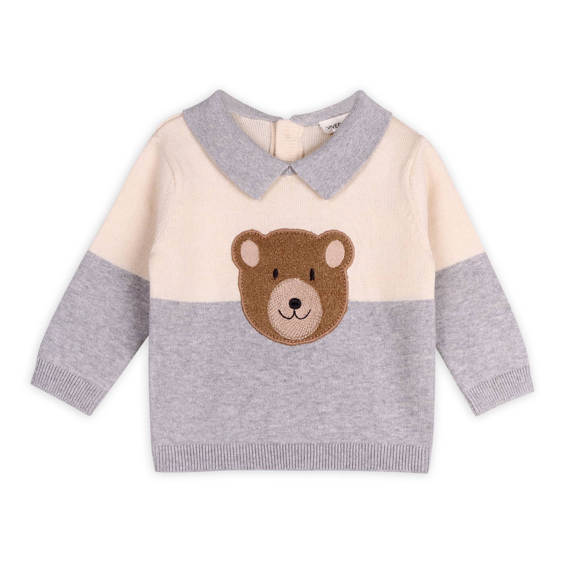 Cuddly Bear Applique Sweater Knit Collar Baby Pullover