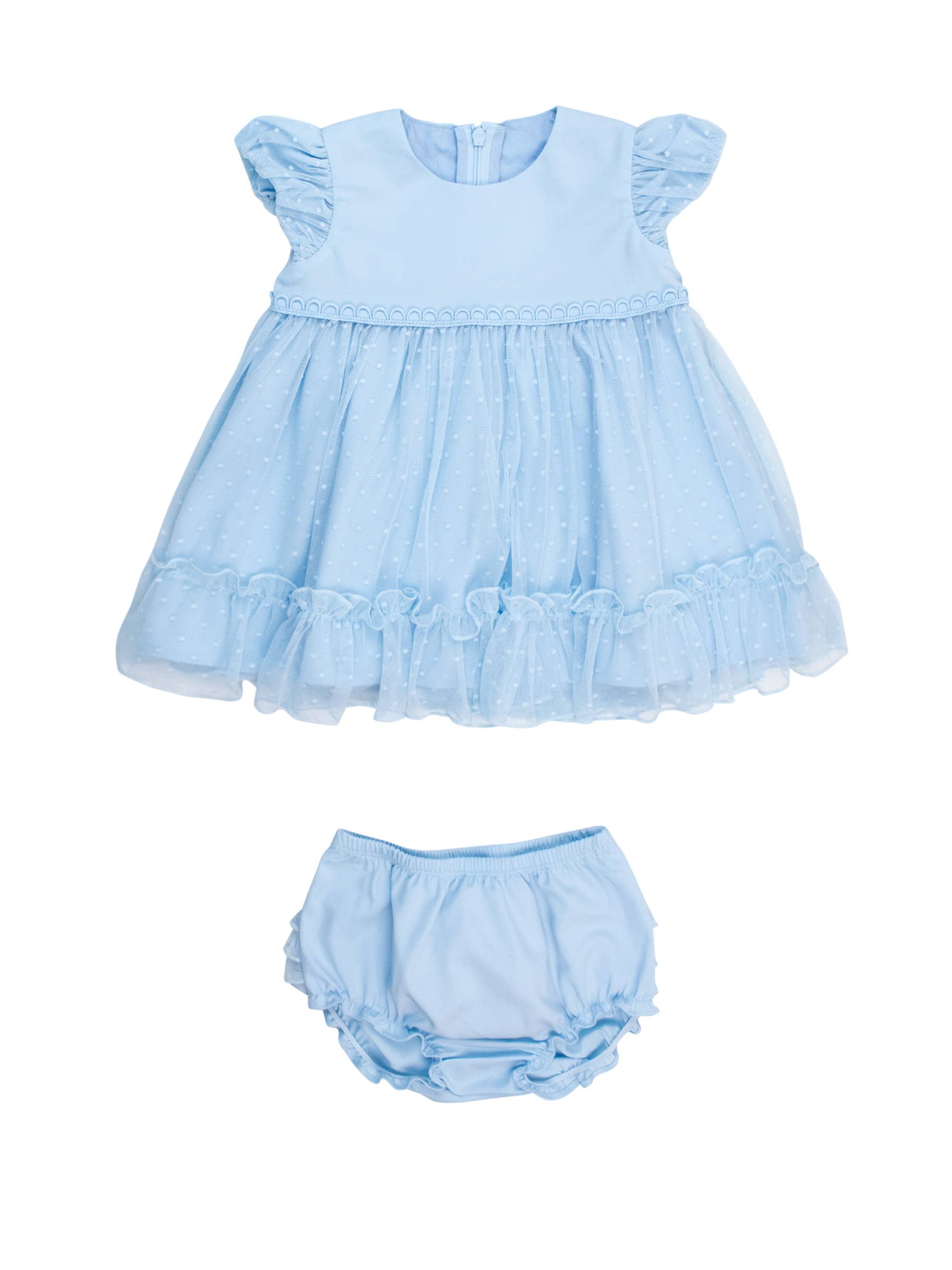 Blue Dotted Tulle Dress & RuffleButt Set