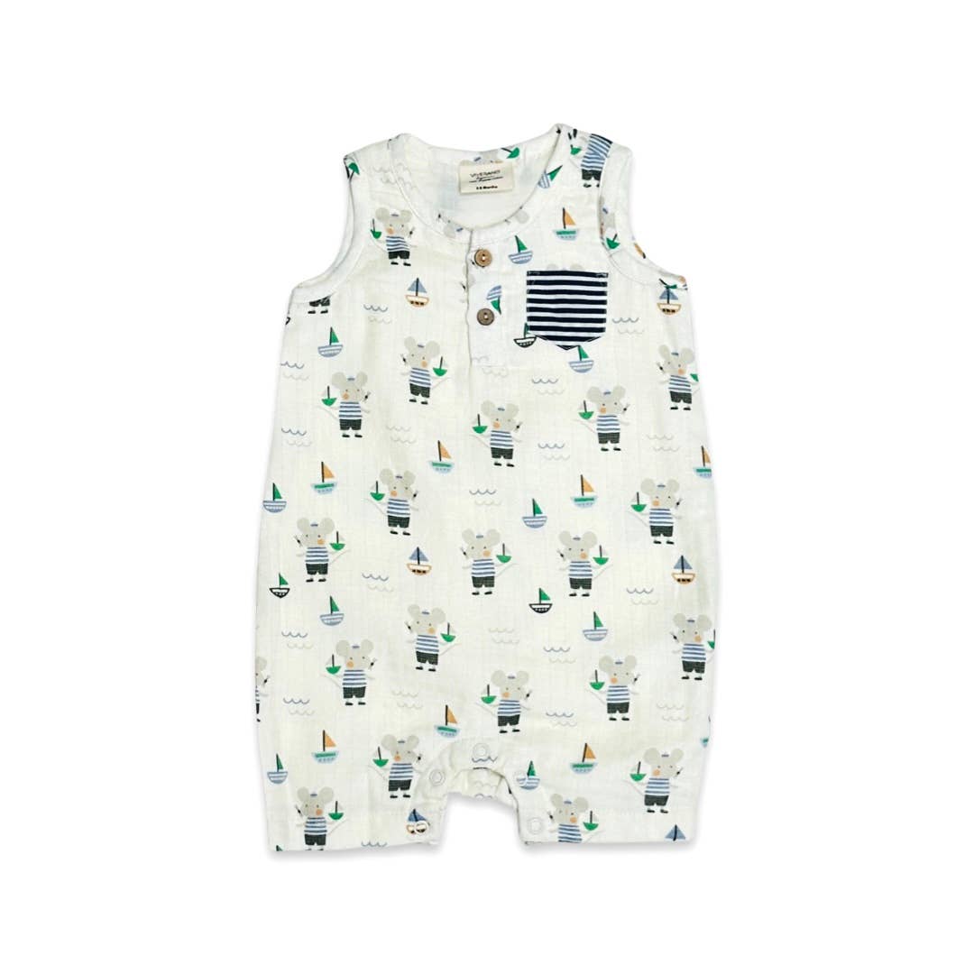 Organic Muslin  Mouse Sailor Henley Baby Short Romper