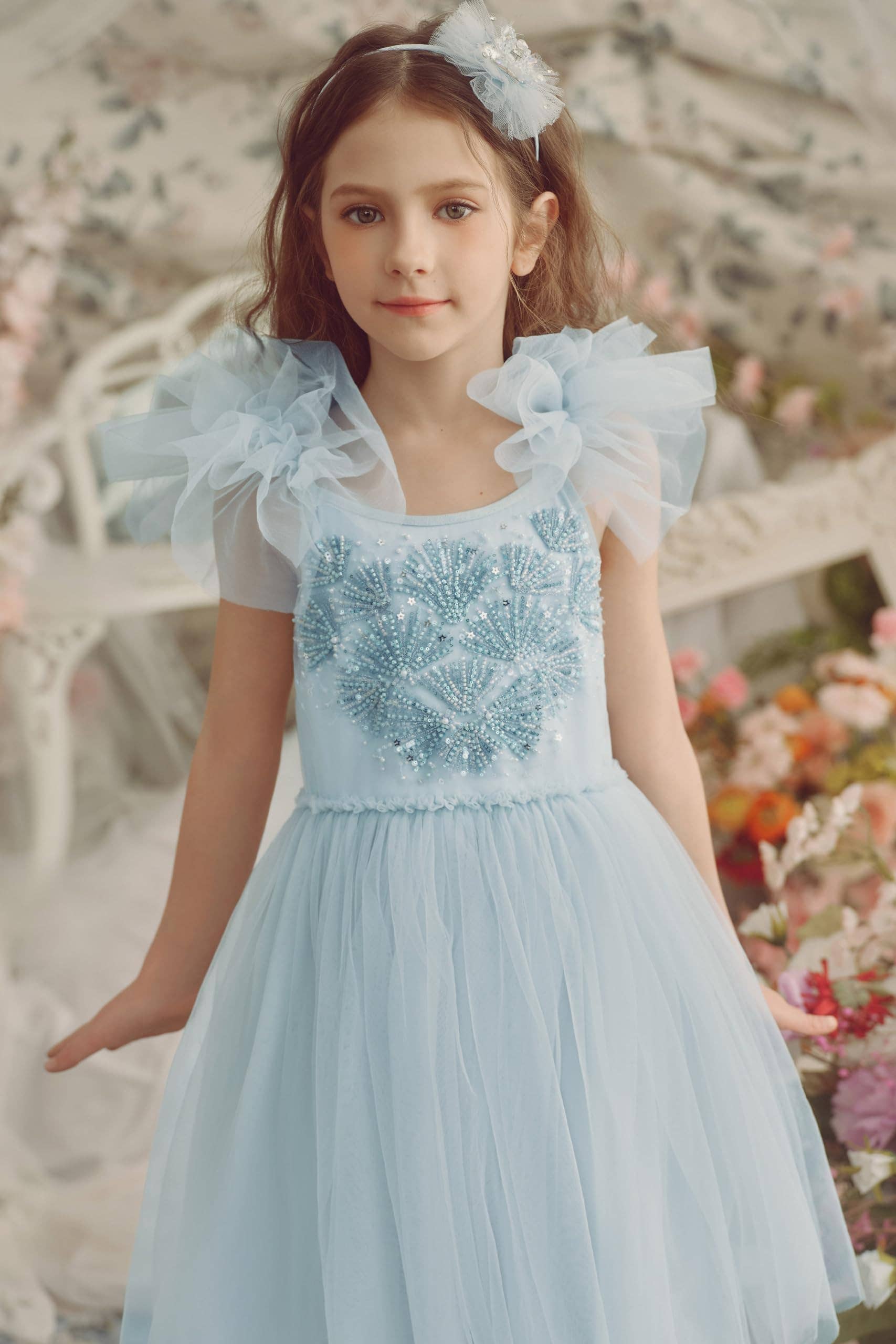 Embroidered Flutter Sleeves Girl Dress