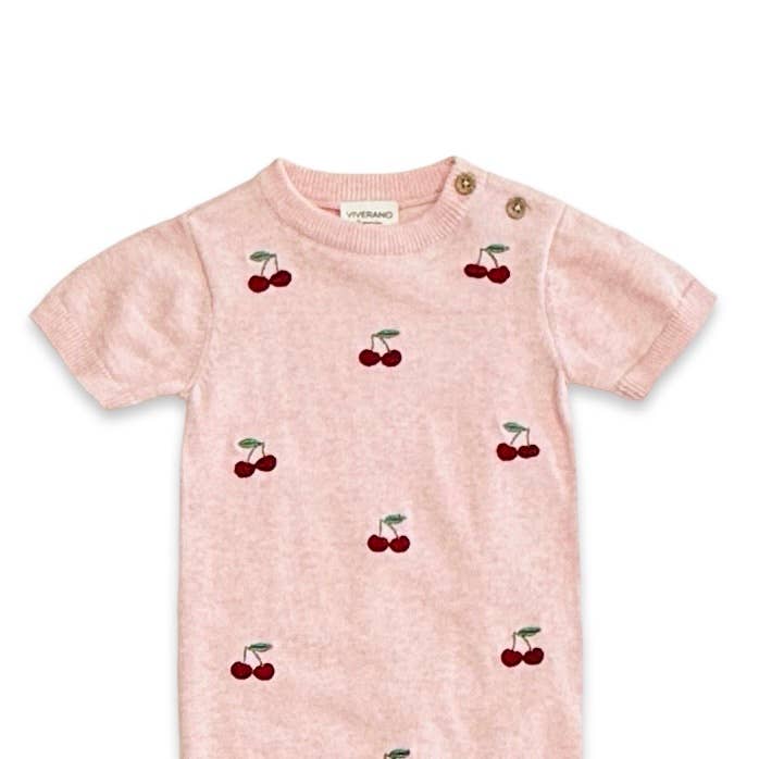 Organic Cherry Embroidered Knit Short Sleeve Baby Romper