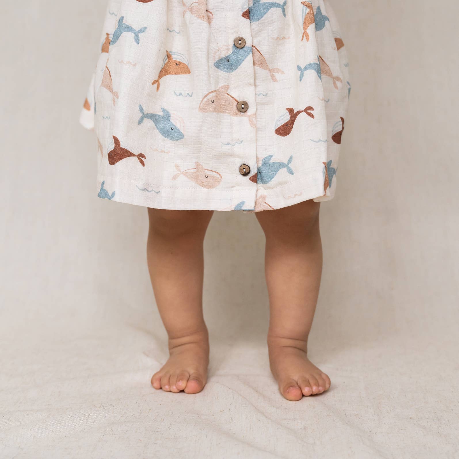 Organic Muslin Whales Ruffle & Button Dress Set