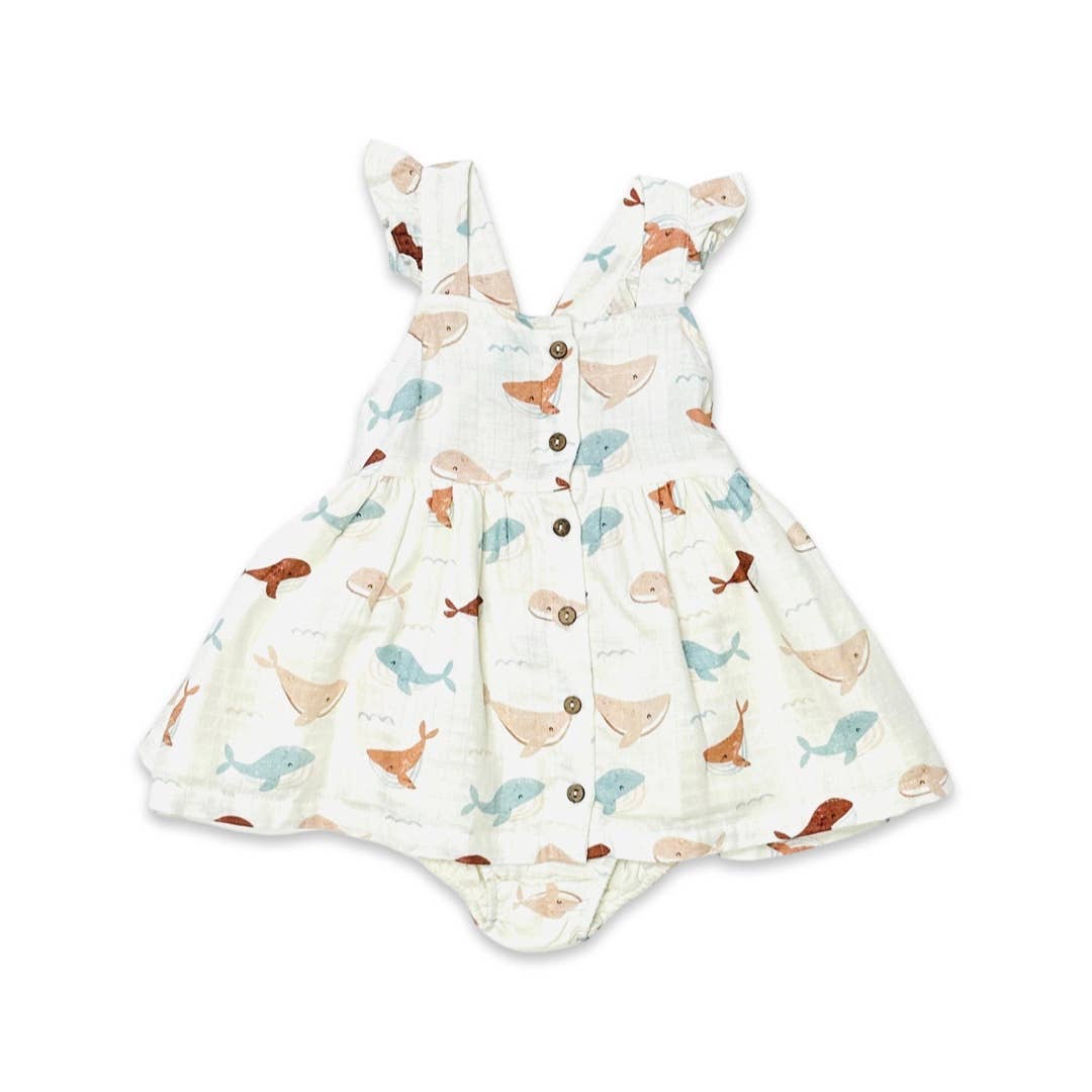 Organic Muslin Whales Ruffle & Button Dress Set