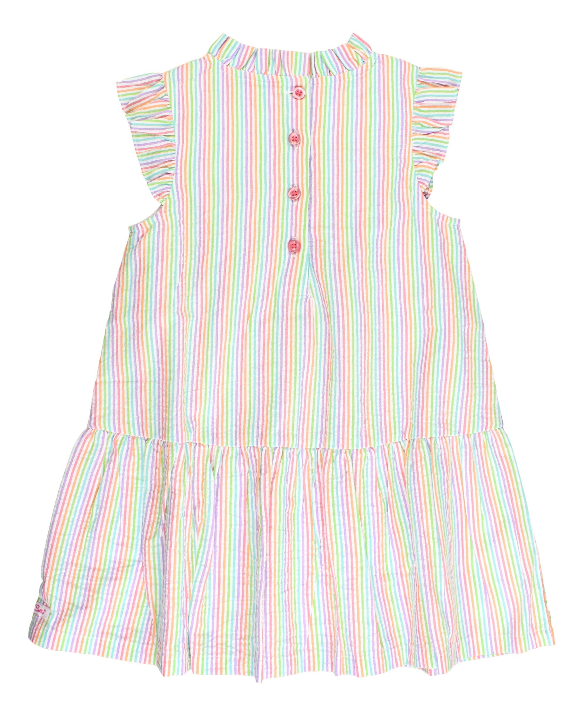 Girls Rainbow Seersucker Mock Neck Flutter Dress