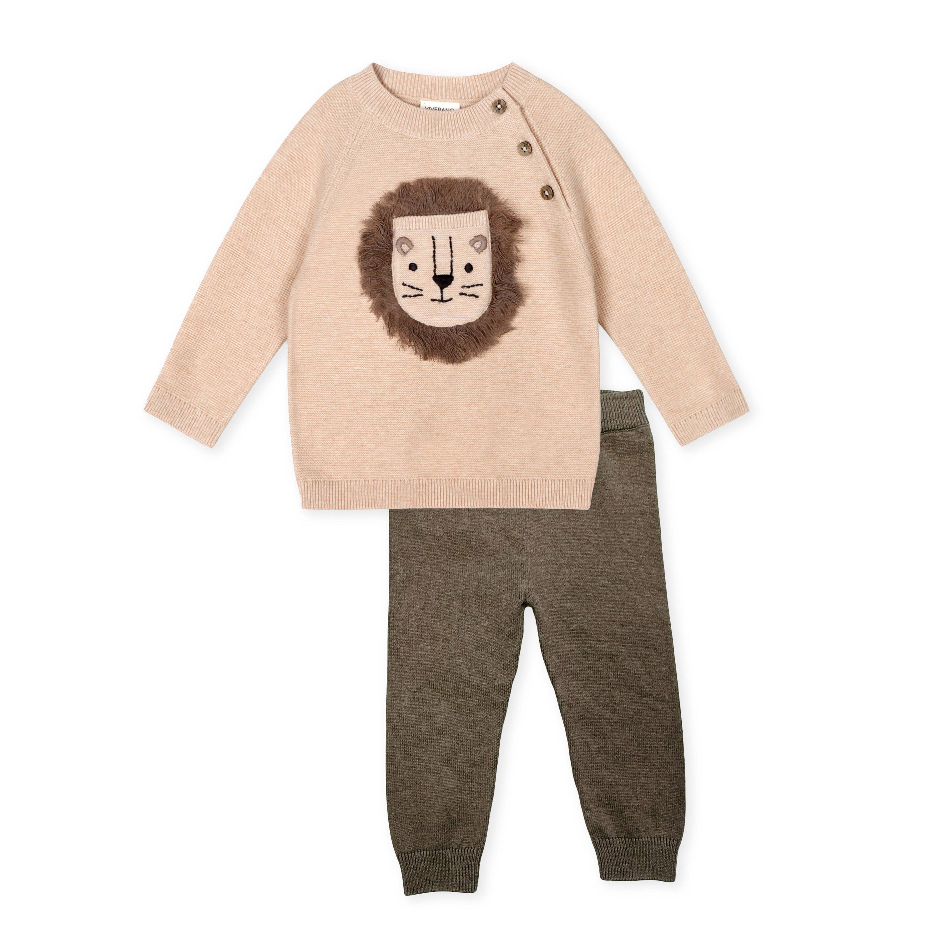 Lion Appliqué Sweater Knit Baby Pullover & Pant SET -Organic