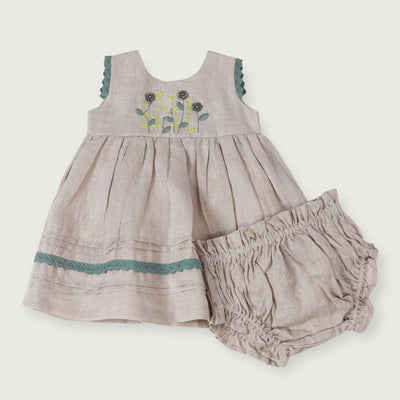 Sylvie Embroidered Linen Baby Dress+Bloomer (Organic Cotton)