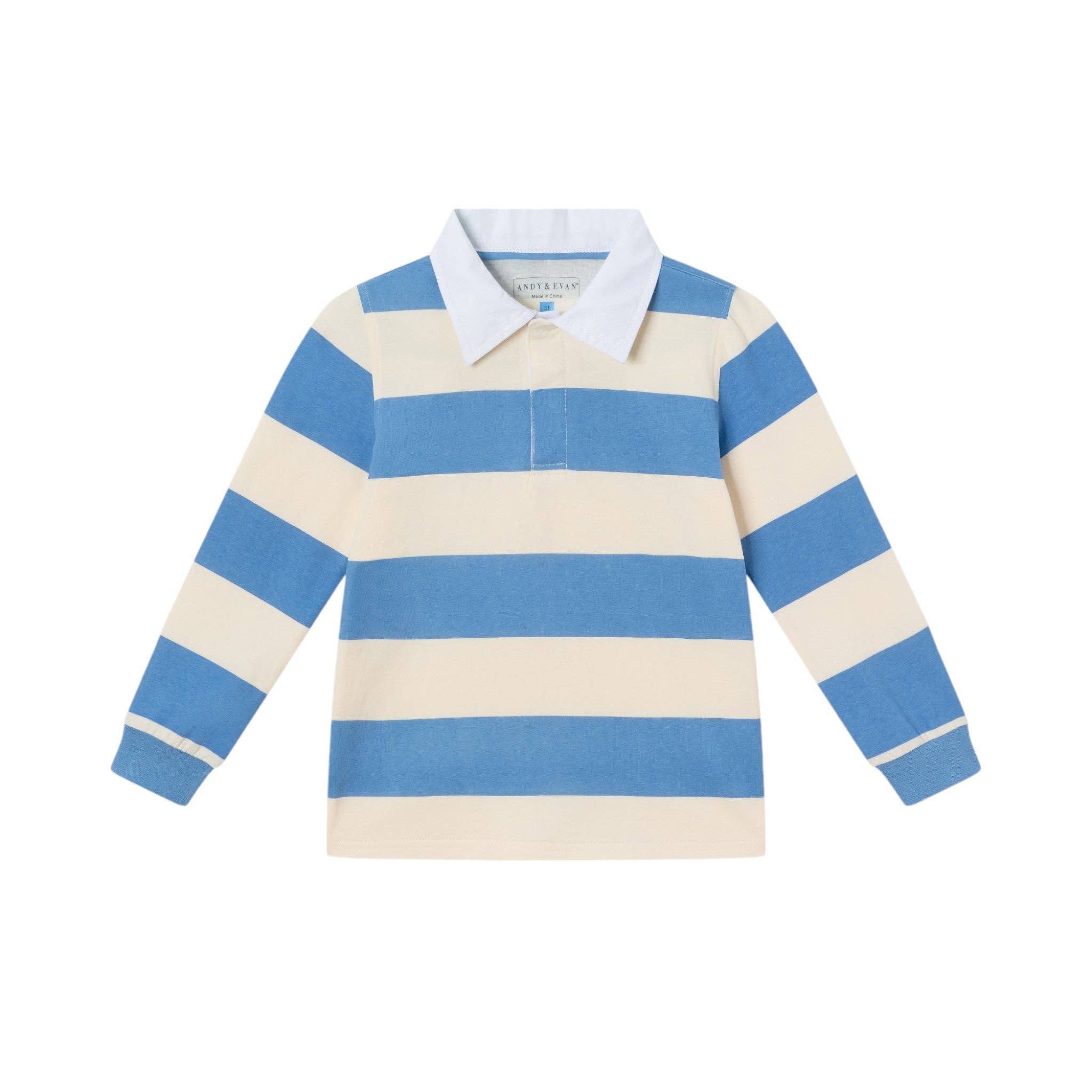 Kids Rugby Shirt & Pique Pant Set | Blue Cream Striped