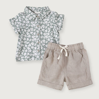 Gabriel Baby Floral Linen Shirt & Shorts SET (Natural Linen)