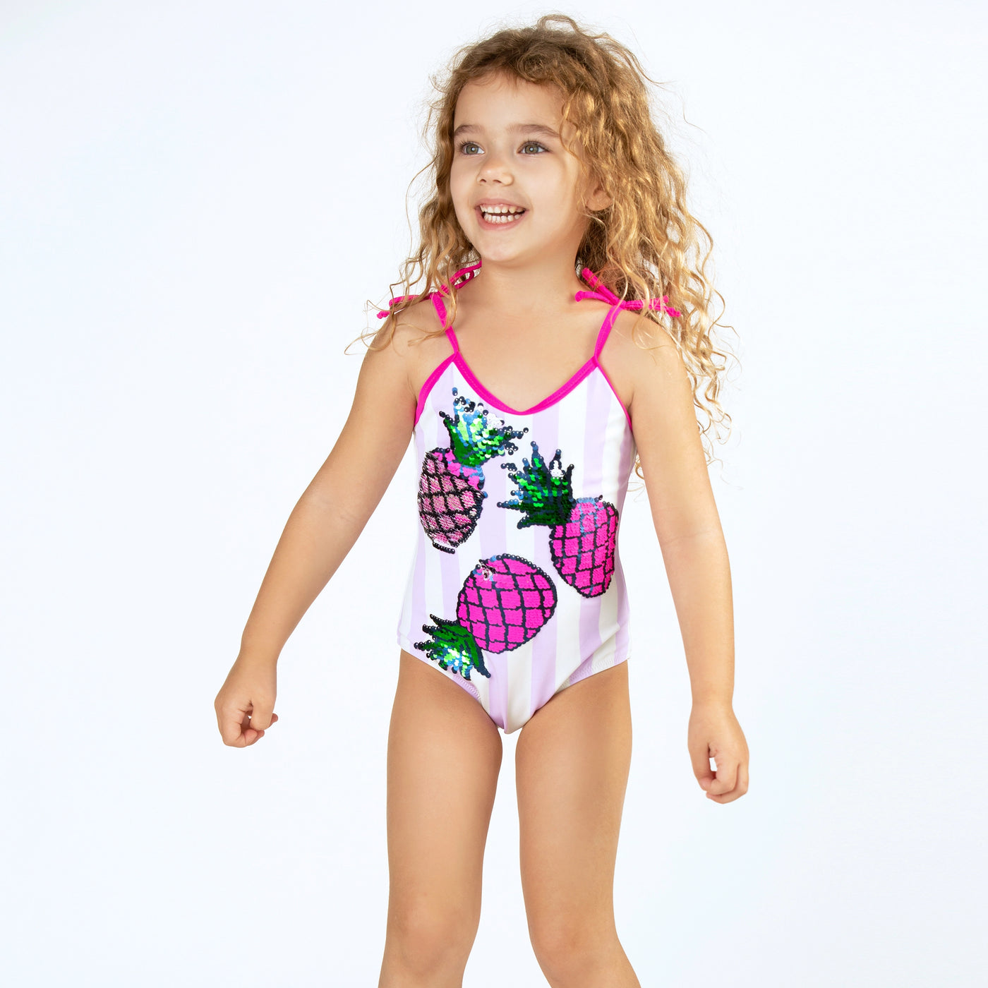 Striped Magenta Pineapple Sequin Swimsuit - House of LooLous
