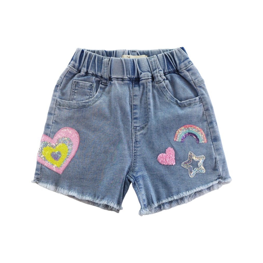 Denim Sequin Heart & Rainbow Denim Shorts