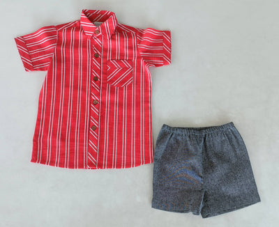 Red Stripes Print Boys Shirt & Black Chambray Shorts set