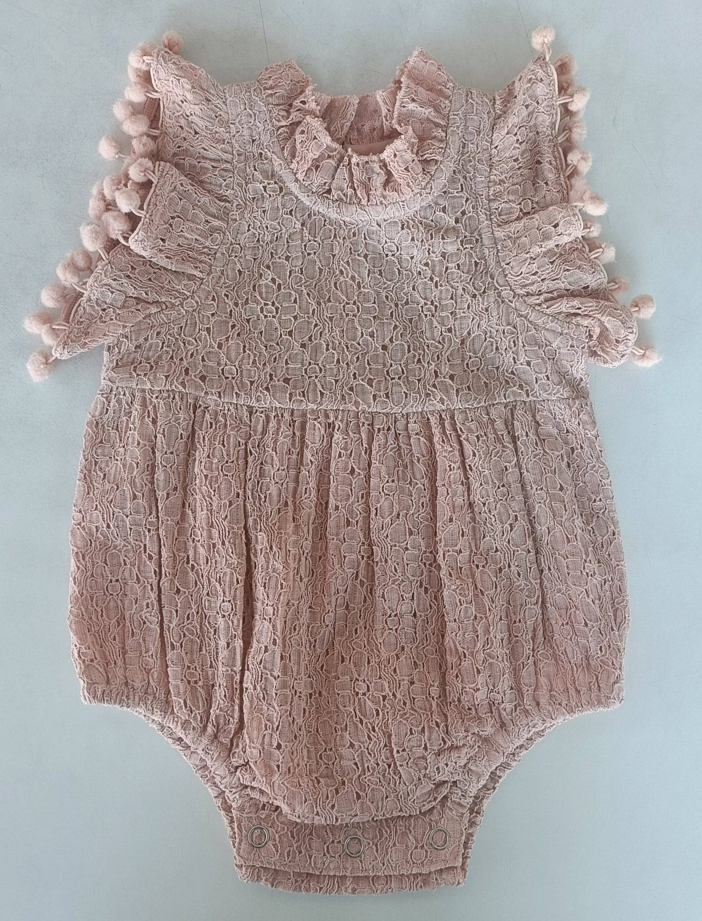 Blush Solid Color Sleeve & Neck Ruffle Pom-Pom Lace Baby Romper